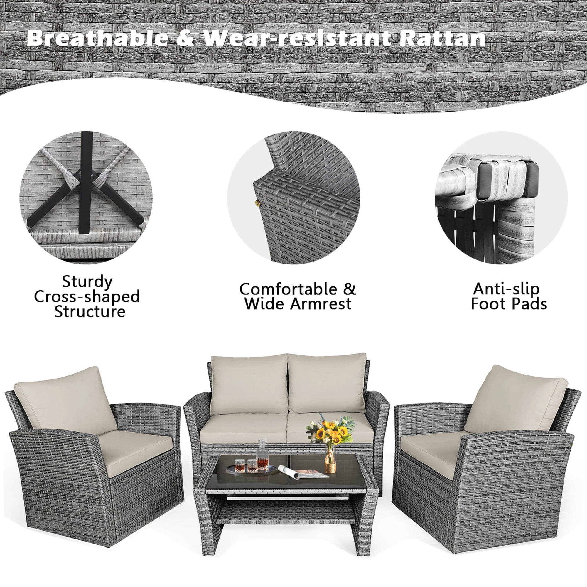 Gymax 4PCS Patio Rattan Conversation Set Outdoor Furniture Set w/ Khaki Cushions