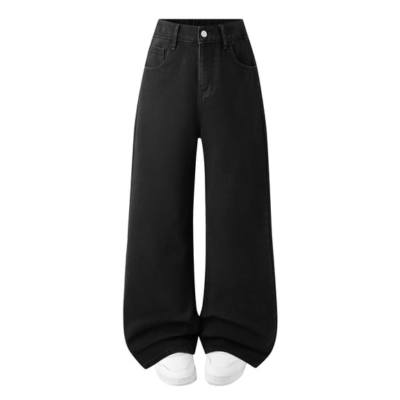 CPNG Teen Girls Baggy Jeans Straight Wide Leg Fashionable Bow Embroidered Pants Daily High Waisted Zipper Denim Trousers(Black,15-16 Years)