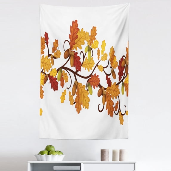 Fall Tapestry, Horizontal Pattern with Autumn Oak Leaves and Acorns Curly Branches October November, Fabric Wall Hanging Decor for Bedroom Living Room Dorm, 5 Sizes, Multicolor, by Ambesonne