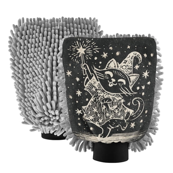 Microfiber Car Wash Gloves With Chenille & Polyester Terry Scratch-Free Cleaning Elastic Cuffs Cat Dressed As The Starry Witch