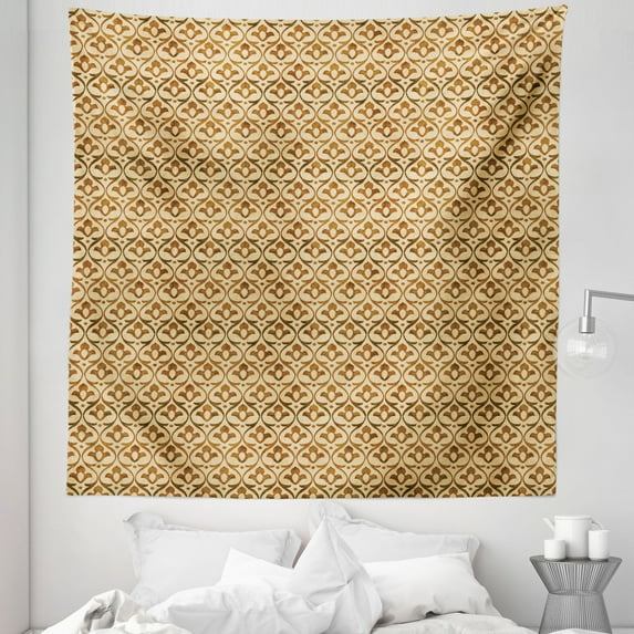 Retro Tapestry, Worn out Look Abstract Pattern with Ornamental Wavy Horizontal Stems in Repeat, Fabric Wall Hanging Decor for Bedroom Living Room Dorm, 5 Sizes, Tan and Caramel, by Ambesonne