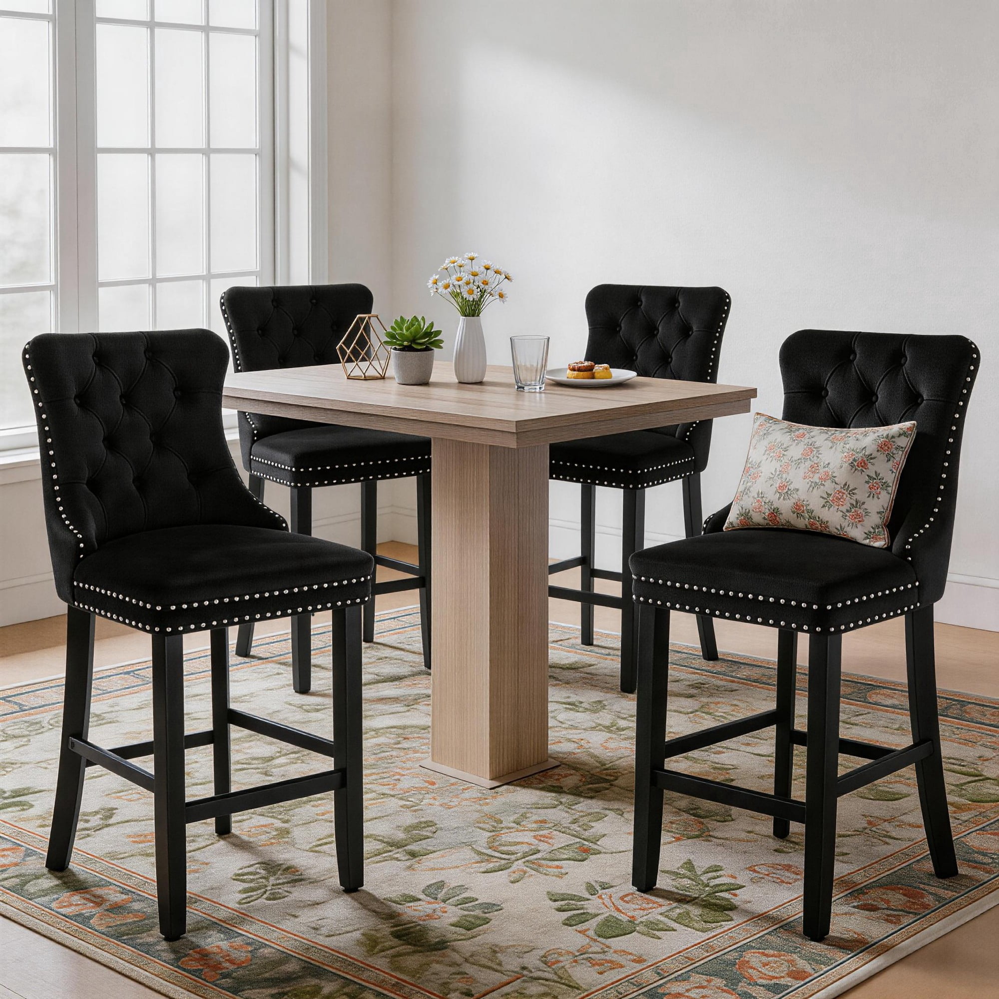 DONICK Velvet Counter Height Bar Stools Set of 2,Button Tufted Back Bar Chair Nailhead Back Pull Tab Wooden Leg(Black)