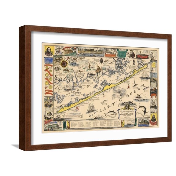 Art.com Long Beach Island, New Jersey - Vintage Map - Artwork Art Print by Lantern Press, Brown Frame Wall Art, 23" x 17"