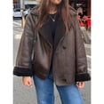 thumbnail image 4 of Women Thick -Lined Faux Suede Jacket Oversized Leather Coat Moto Jacket Biker Winter Overcoat Brown L, 4 of 10