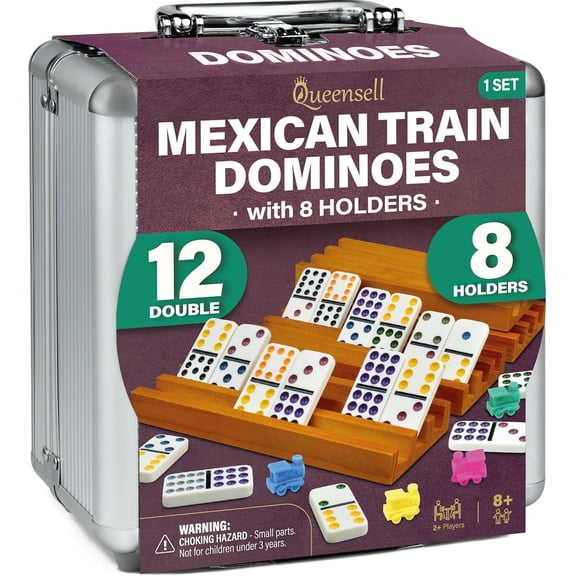 Queensell Mexican Train Dominoes Set Double 12 – 91 Tiles with 8 Wooden Holders, Hub and Aluminum Case