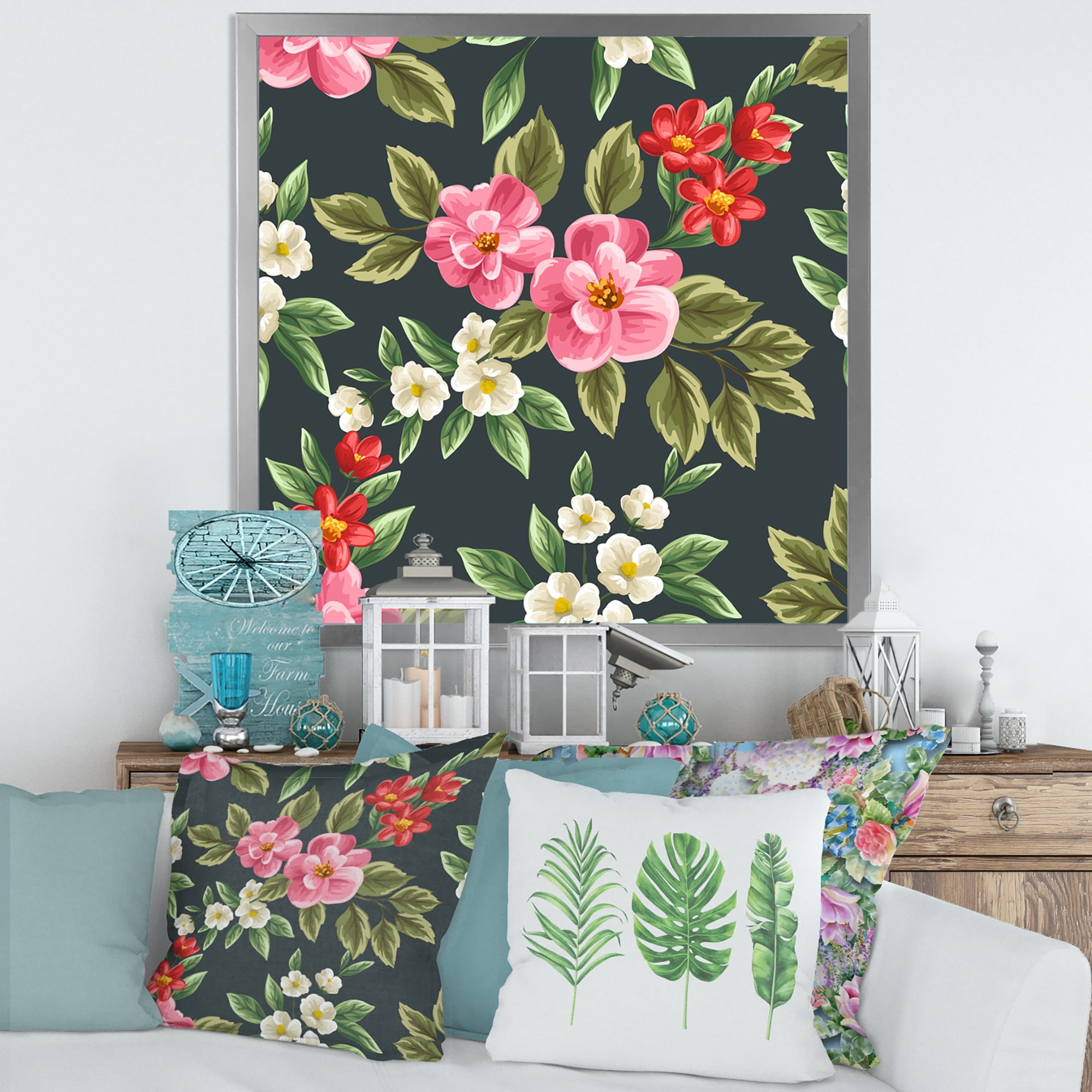 Designart 'Vintage Red and Pink Wildflowers II' Traditional Framed Art Print