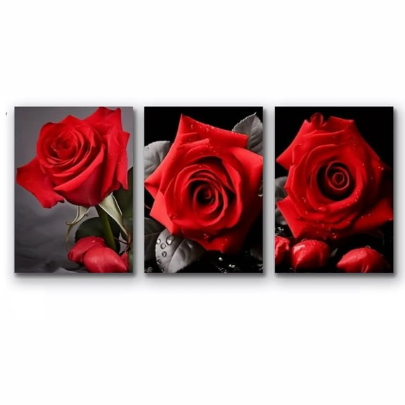 3-Piece Art Decoration Red Rose Floral Canvas Wall Art Set - Frameless Print, Bright Red Roses and Green Leaves, Modern Home and Office Decoration