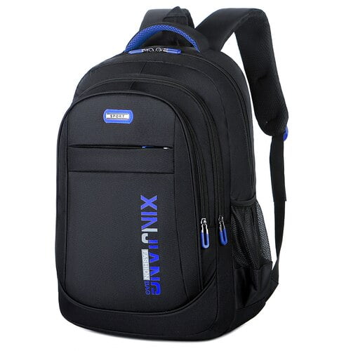 xierya-mochila informal para hombre, morral de viaje color negro, vista frontal centrada de mochila rectangular de nylon con panel frontal liso y logo vertical azul, múltiples compartimentos con cremalleras, asa superior suave acolchada, tirantes acolchados ajustables y bolsillo lateral de malla para botella; interior con compartimento para ordenador y ranura interna, protección contra la lluvia indicada, tamaño aproximado 49×32×14 cm, adecuada para estudiantes, negocios y viajes.