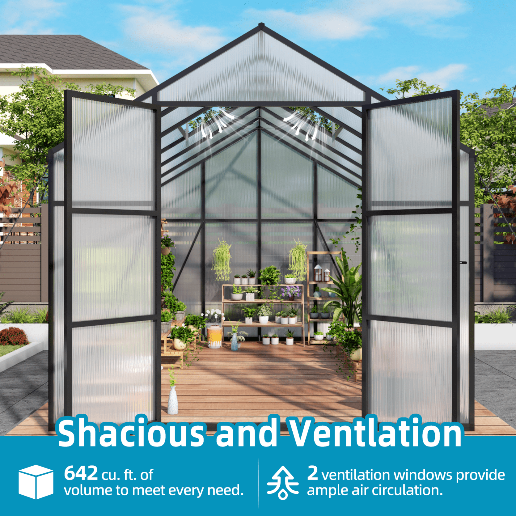 8x12FT Polycarbonate Greenhouse for Outdoors, Large Walk-in Greenhouse with Adjustable Roof Vents and 2 Windows, Newly Design Aluminum Frame