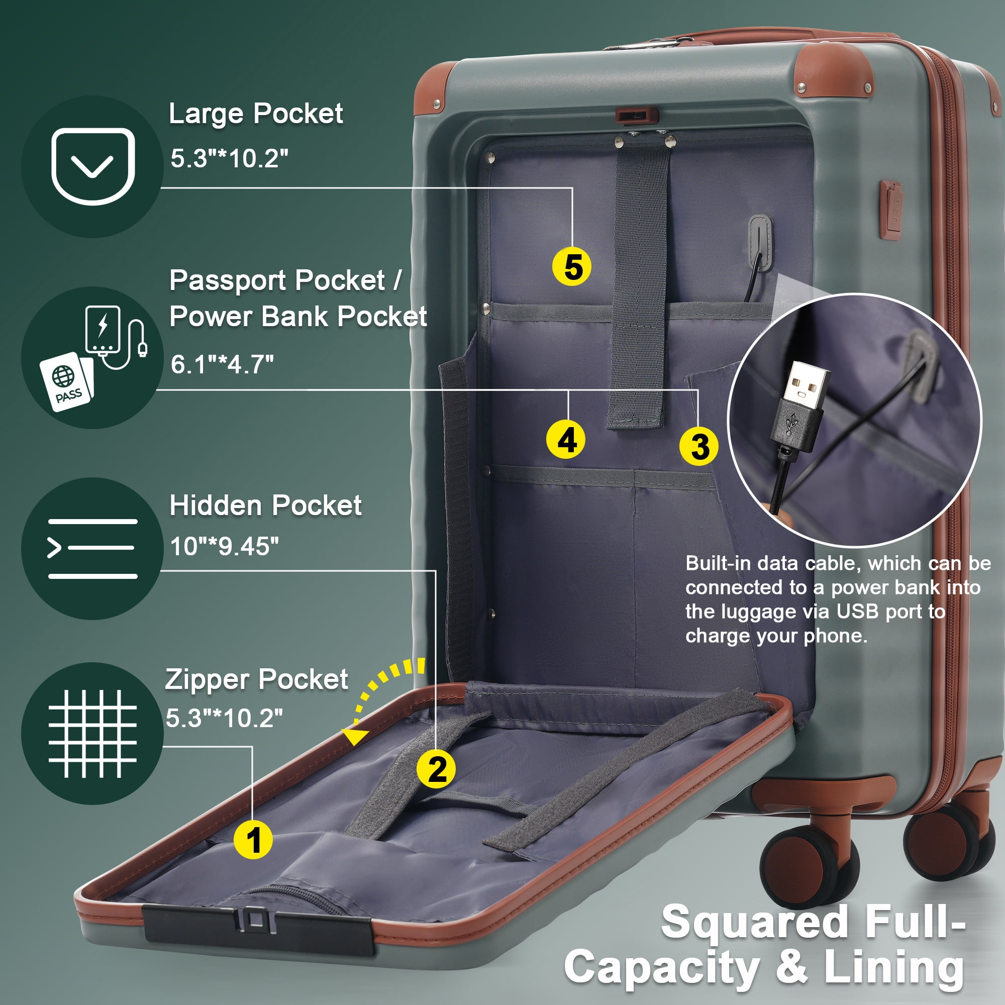 MAYEERTY 5-Piece Minimalist Luggage Set - 20" Front Opening Carry-On with USB/Cup Holder + 24"+28" Expandable + Duffel & Toiletry Bag