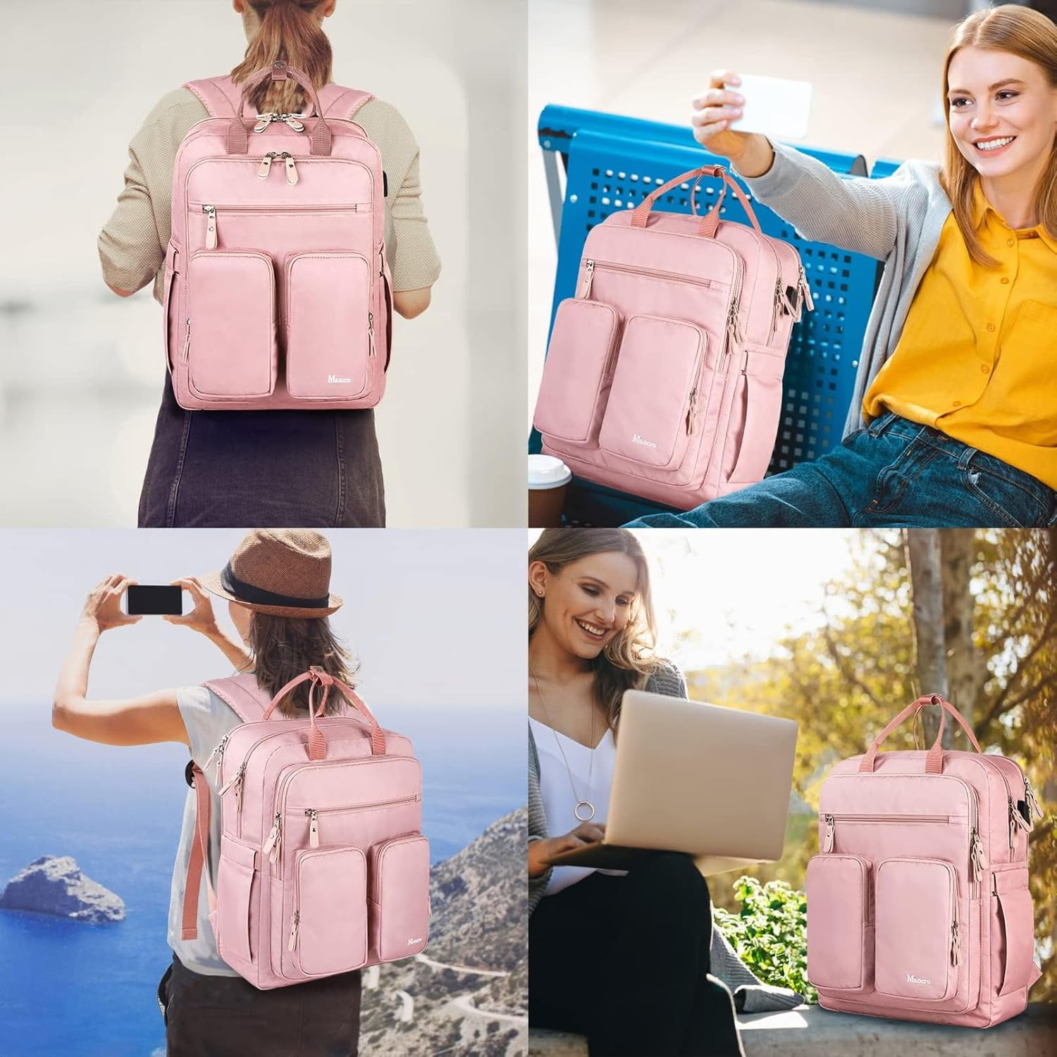 Mancro Work Backpack for Women, Airline Approved Travel Backpack with Luggage Strap Fits for 15.6in Laptop, Pink
