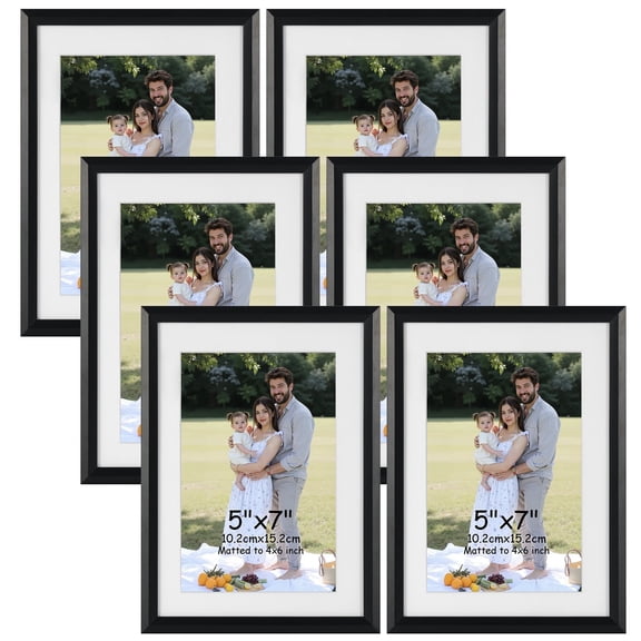 5x7 Picture Frames Set of 6, Display 4x6 Picture with Mat or 5x7 Without Mat, Black Photo Frame for Wall Hanging or Tabletop