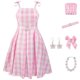 thumbnail image 1 of Retro Pink Plaid Dress for Child High Waist Soft Touching Airys Dress for Cosplay Daily Wear, 1 of 5