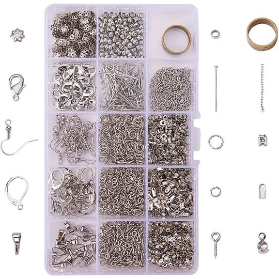 2322 Pcs Jewelry Making Findings Kits with Cord Ends Lobster Claw Clasps Jump Rings Headpins Earring Bead Caps Pinch Bails Twist Chain Links 174x100x21.5mm Platinum Platinum