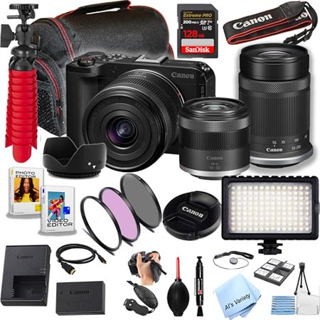 Canon EOS R50 V Mirrorless Camera with 14-30mm + 55-210mm Lenses 128GB Extreme Speed Memory Video Light Filters Case Software and More (Essential Bundle)