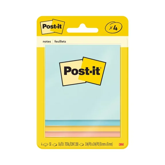 Post-it Notes 4pk 3" x 3" 50 Sheet/Pad Beachside Caf Collection: Multicolor Sticky Notes, Uncoated Paper, Art & Design Theme