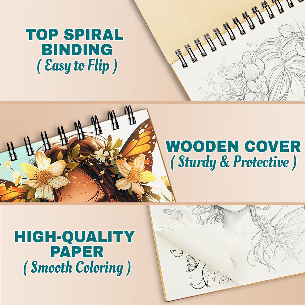 Netecom Boho Fairies Coloring Book for Adults, A5 Wooden Cover, 30 Stunning Portraits Coloring Pages of Bohemian Mythical Fairies for Stress Relief and Relaxation, Spiral Bound Edition