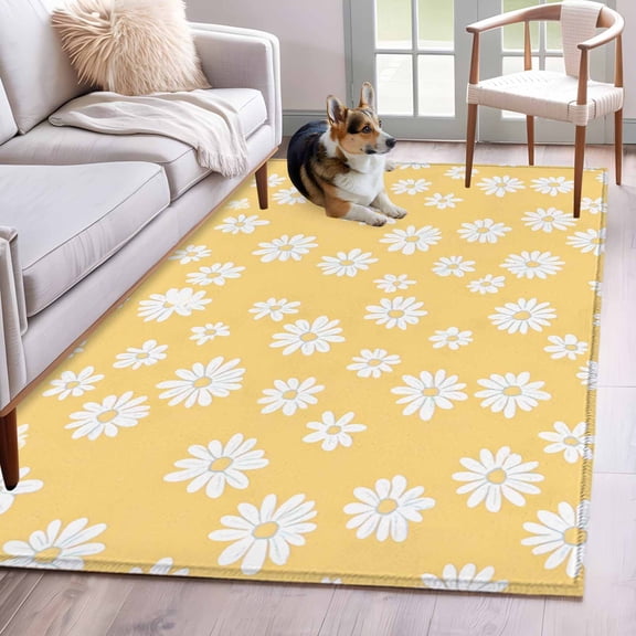 White Yellow Daisy Area Rug 3x5 Washable Rug Non Slip Spring Summer Floral Botanical Large Area Rug Indoor Floor Carpet for Entryway Bedroom Kitchen Living Room Home Office Dining Room Nursery