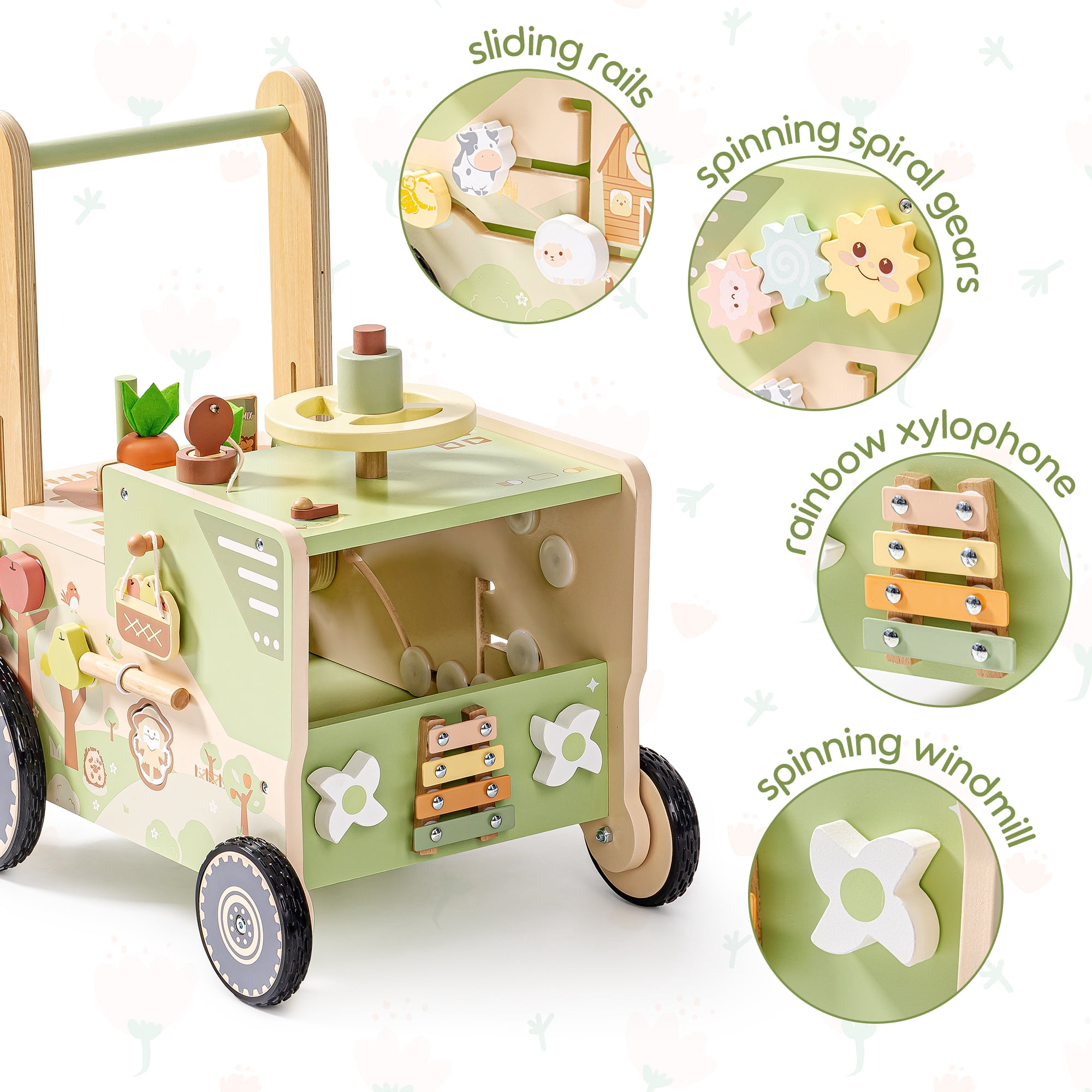 Robud Wooden Baby Walker for 10+ Months, Adjustable Speed & Height Learning Push Toy Montessori Activity (Rustic Farm Adventure Theme)