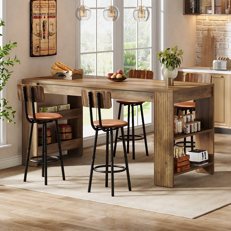 Finmind Kitchen Island with Storage, 63-inch Farmhouse Large Stationary Island Table with Double-Sided Storage Shelves for Kitchen, Rustic Brown