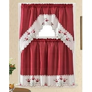 3pc Rod Pocket Embroidered Kitchen Curtains And Valances Set Swag Curtains & Tier Set 36 Inch Length Floral Fruit Designs Many Colors( BT406-Burgundy)