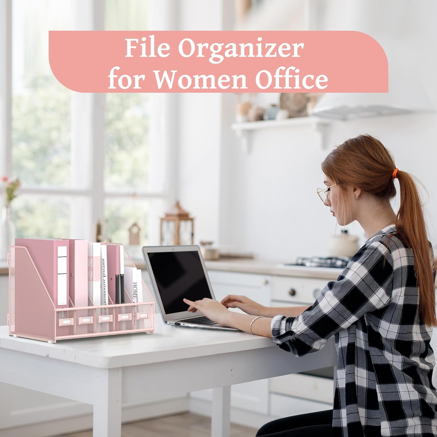 INTIGE Metal Mesh Desk File Organizer with 5 Vertical Compartments, Pink, Desk Organizer, Plus, Assemble