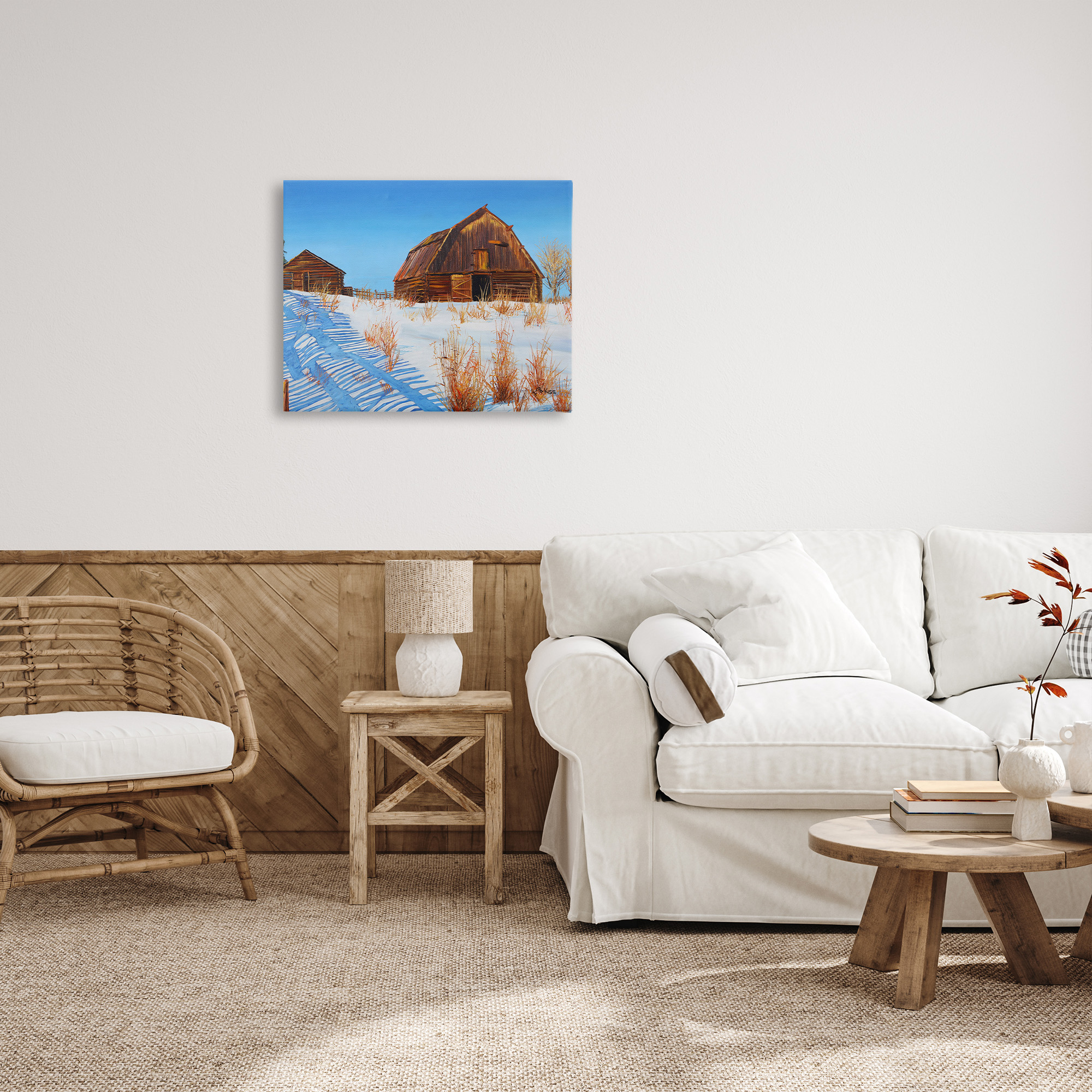 Stupell Industries Winter Country Barn Landscape Painting Gallery Wrapped Canvas Art Print Wall Art, 30 x 24