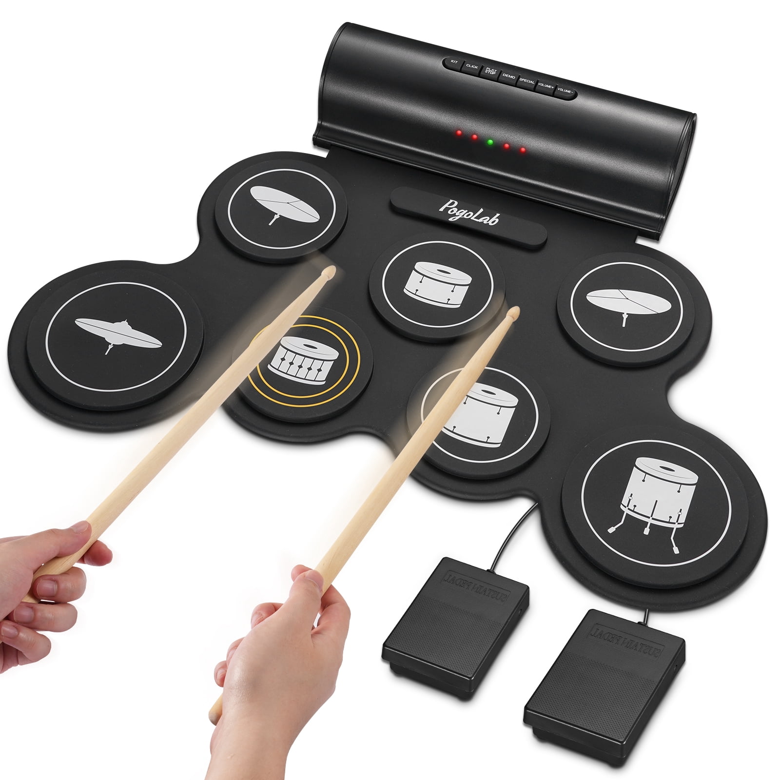 POGOLAB Electronic Drum Set, 7 Pads Roll Up Electric Drum Pad with Wireless Function, Portable Rechargeable Midi Drum Kit with Built-in Speaker/Pedals/Headphone Jack, Great Holiday Gift for Beginner