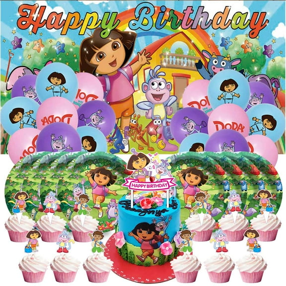 Dora The Explorer Birthday Party Supplies Balloons Plates Decoration Cake Topper Decor Tableware Banner Backdrop