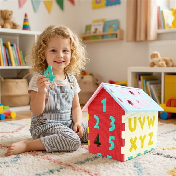 imerelez 3D Puzzle Playhouse Mat 12 × 10.5 × 12.5 in EVA Foam Interlocking Mat with Alphabet Number Matching, Multi-Color