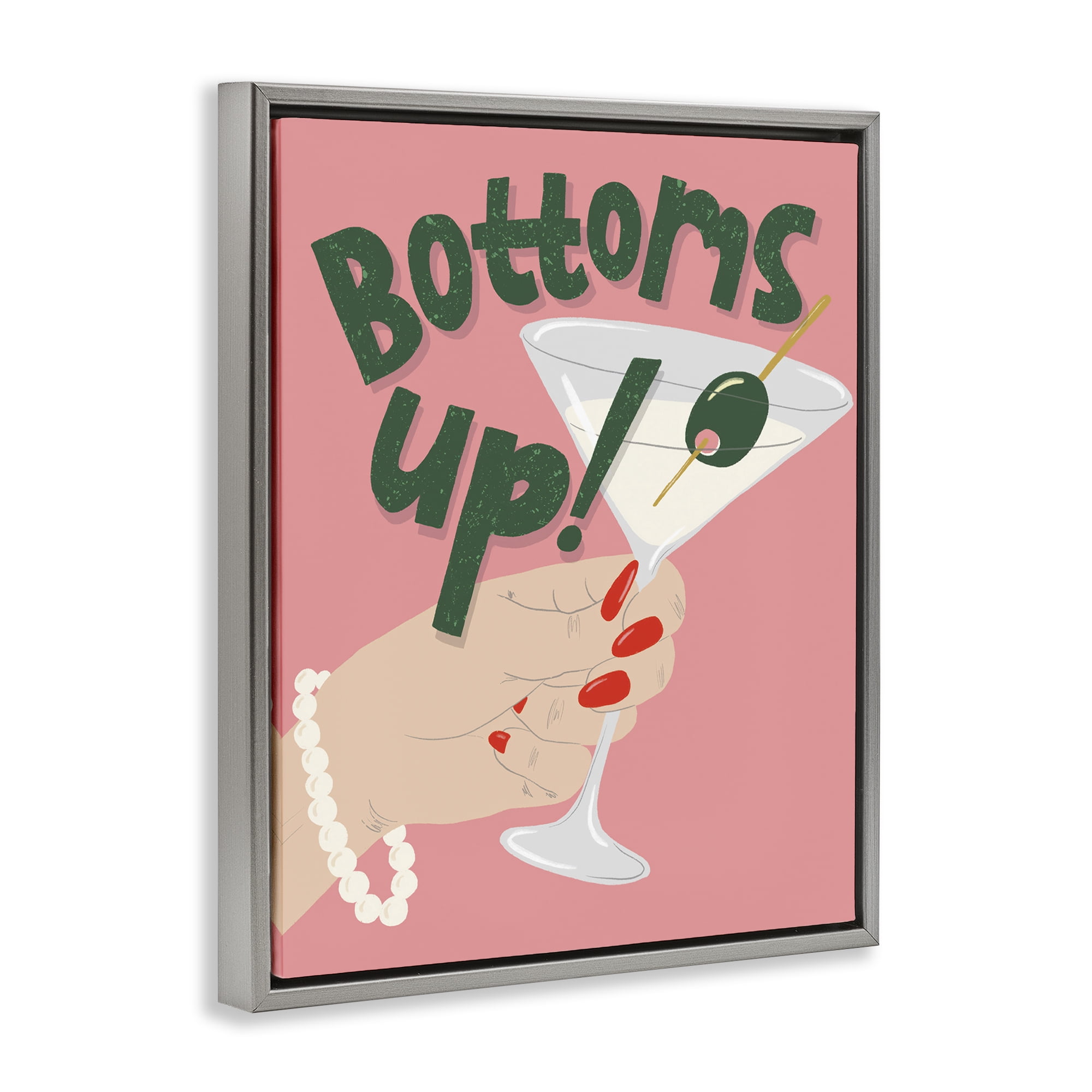 Stupell Industries Bottoms Up with Martini Food & Beverage Painting Gray Floater Framed Canvas Art Print Wall Art, 25 x 31