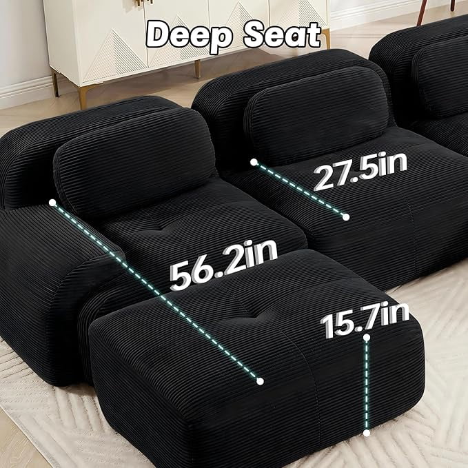 Howcool 80" Modern Corduroy Boneless Love Seat Couches with 1 Ottoman,2 Seater Large Sectional Couches for Living Room,Cloud Modular Sectional Sofa,Memory Foam, Extra Deep Loveseat,No Assembly,Black