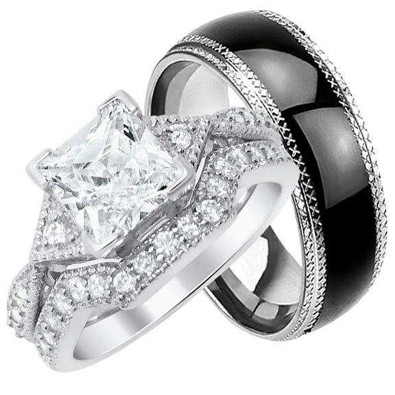 His Hers CZ Wedding Engagement Ring Set Matching Trio Bands Her 6 Him 8