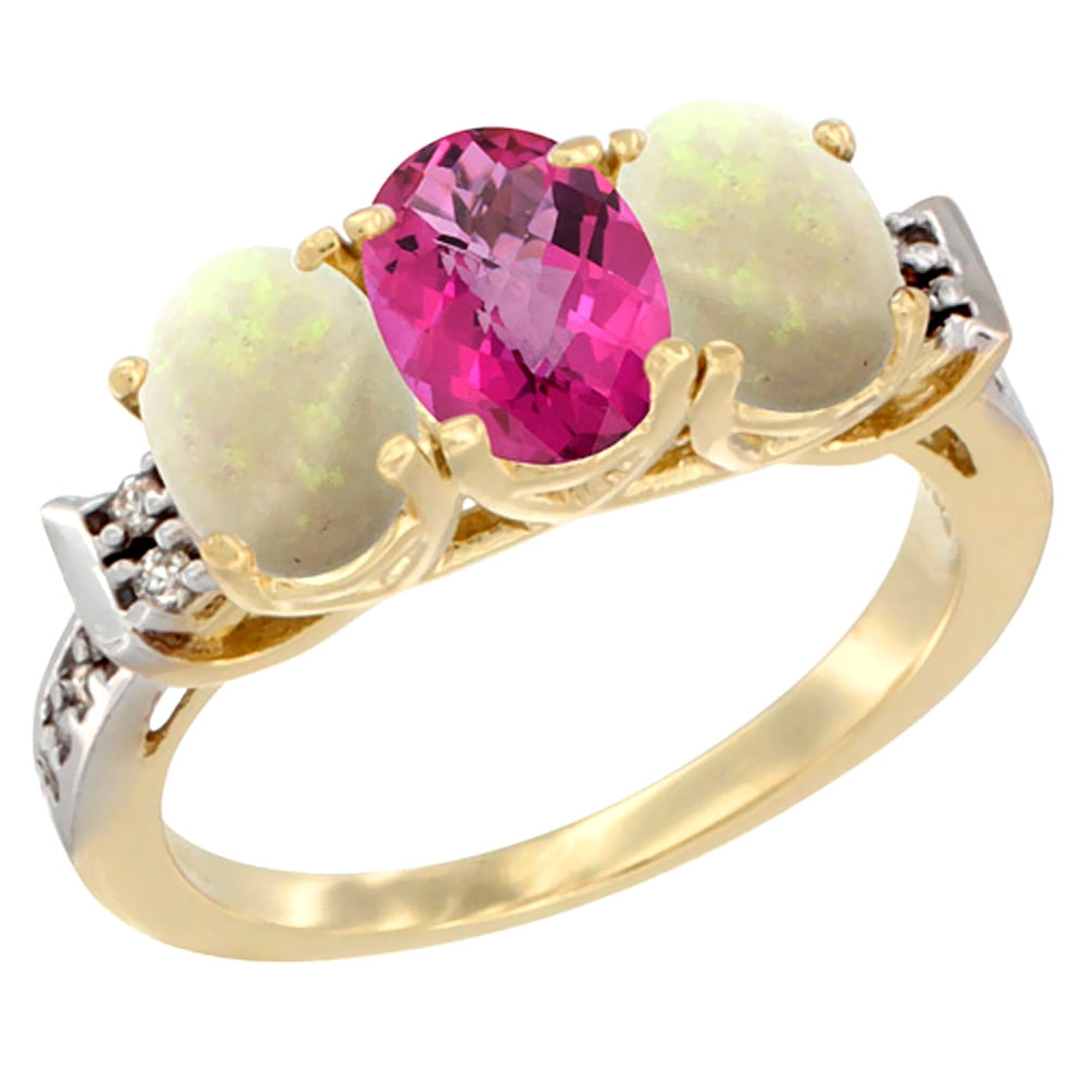 10K Yellow Gold Natural Pink Topaz & Opal Sides Ring 3-Stone Oval 7x5 mm Diamond Accent, sizes 5 10 by WorldJewels
