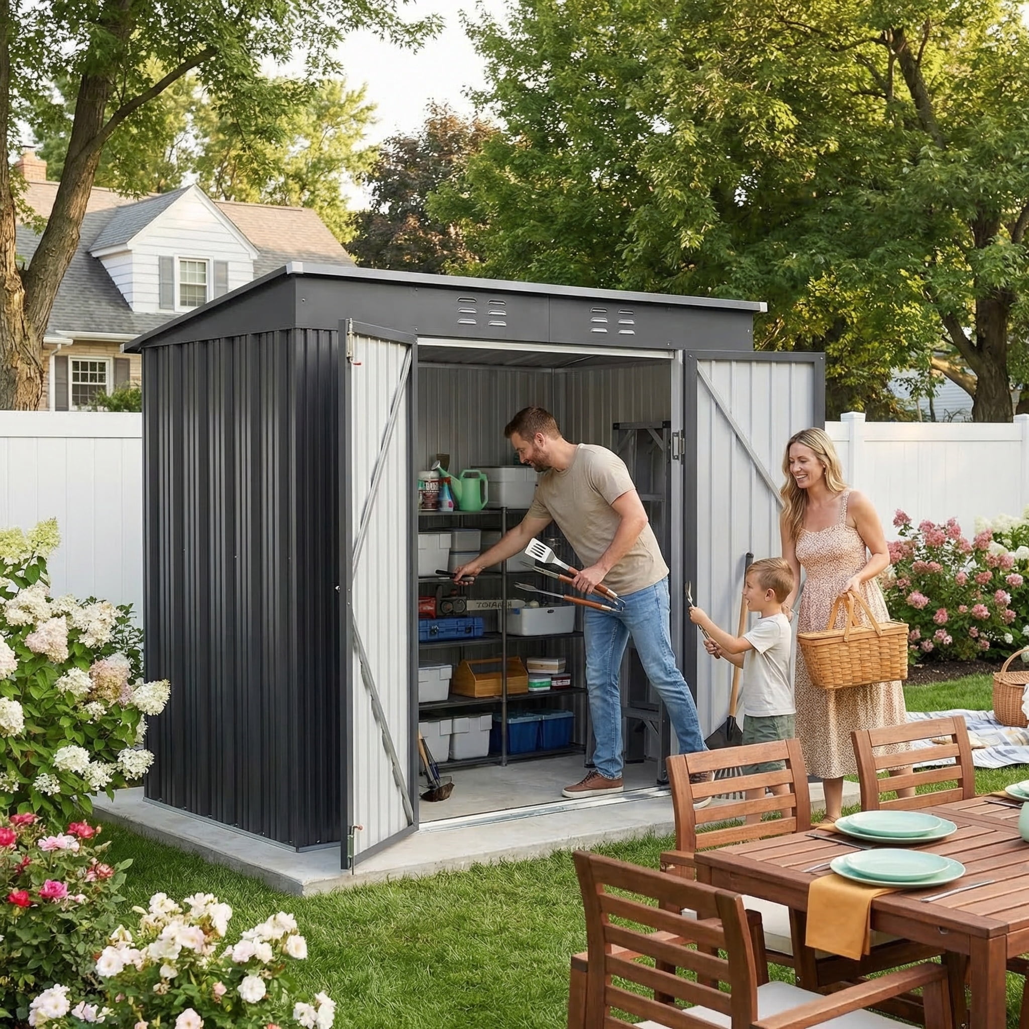 Storage Shed, Lofka 6x4 FT Outdoor Metal Shed, Lockable Double Doors Garden Tool Shed for Bike, Lawn Mower Storage, Waterproof Galvanized Steel, Grey