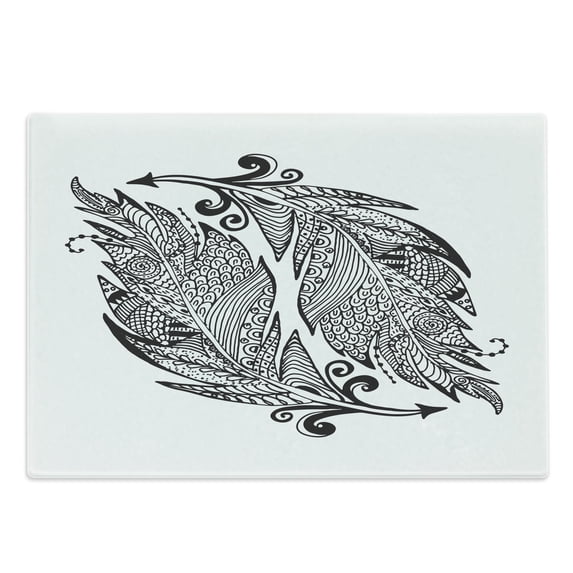 Vintage Tribal Cutting Board, Zentangle Ornate Arrow Leaf in Monochromatic Design, Decorative Tempered Glass Cutting and Serving Board, in 3 Sizes, by Ambesonne