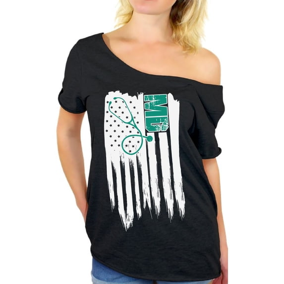 Awkward Styles American Flag MD Medic Off Shoulder Shirt 4th of July Party Vintage USA Medical T shirt for Women Proud American Pro America Doctor Women Off Shoulder Shirt Love USA