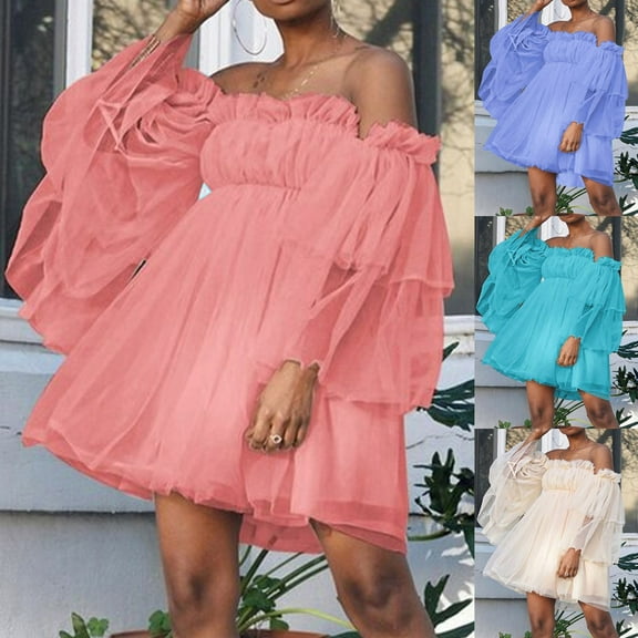 safuny Mini Babydoll Dress for Women Solid Color Ruffle Sleeve Off Shoulder Dress Elegant Puffy Flowy Hem Retro Holiday Beach Trendy Clothing Summer Beige L