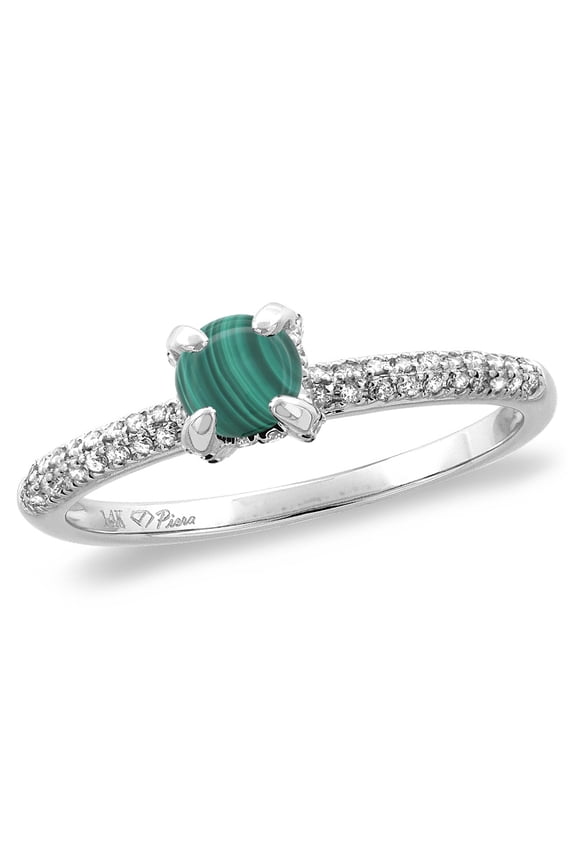 14K White Gold Diamond Natural Malachite Solitaire Engagement Ring Round 4 mm, size 5