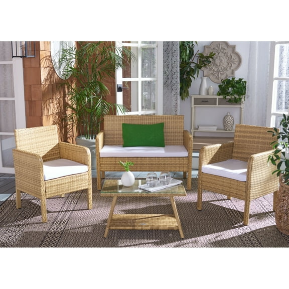 SAFAVIEH Aboka Outdoor Patio 4Pc Conversation Set, Natural/White