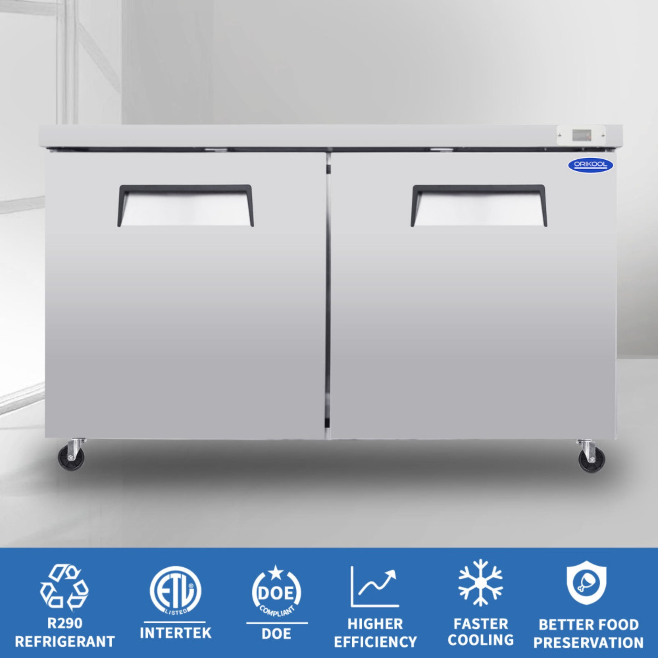 ORIKOOL 60" Commercial Under Counter Freezer 2 Door 18.5 Cu.ft Undercounter Work Top Freezers ETL Approved(LTL carry)