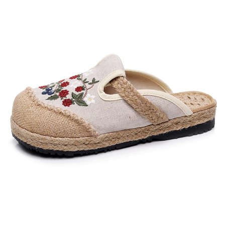 

TUOBARR Summer Slippers for Women Women s Summer Sandals Ethnic Style Embroidered Slippers Shallow Mouth Low Help Soft Soled Cloth Shoes Beige