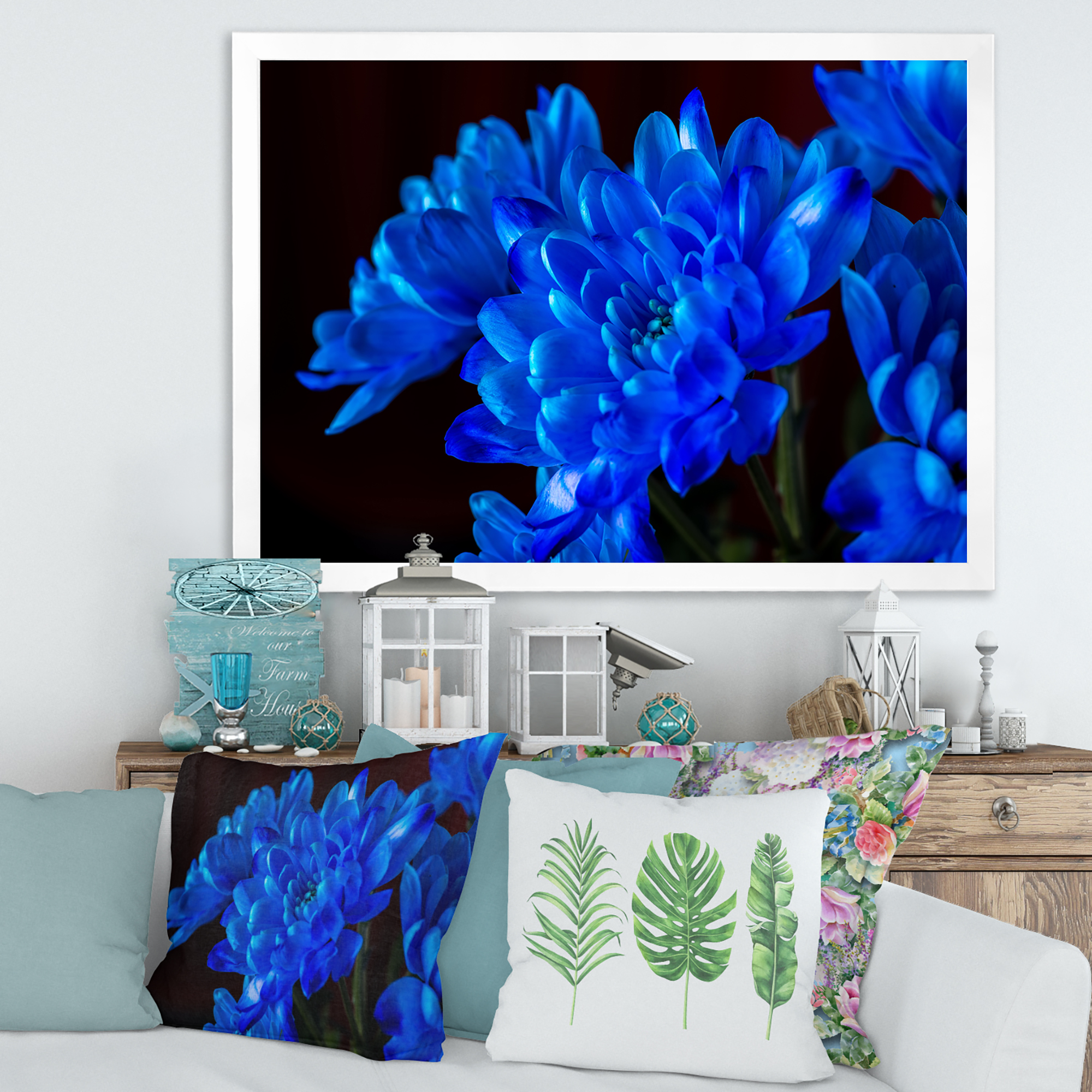 Designart 'Blue Chrysanthemum Flowers On Black Backround' Traditional Framed Art Print