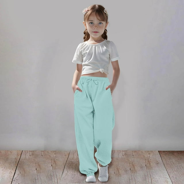 PMVFHDE Kids Pants Medium And Large Children Casual Girls Solid Color Drawstring Sweatpants,Blue,9-10 Years