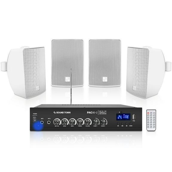Sound Town Commercial Restaurant Bluetooth Amplifier Surface-Mount Speaker Set, with One 2-Zone 70V/100V Amplifier with Bluetooth, 4 x 4.5-Inch Surface-Mount Speakers, White (PAC80X4TV4W)
