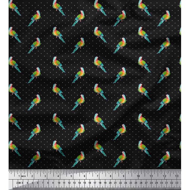 Soimoi Polyester Crepe Fabric Dot & Parrot Bird Printed Fabric 1 Yard 42 Inch Wide