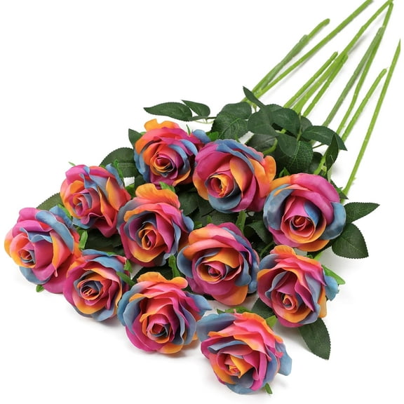 Rainbow Fake Roses Artificial Flowers - Fake Artificial Roses Silk Flowers with Stems for Home Wedding Hotel Office Centerpiece Decor（Rainbow）