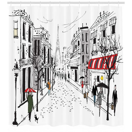 Paris Shower Curtain, Old French Pedestrians Stores Trees and the Silhouette of Eifffel Urban Illustration, Fabric Bathroom Set with Hooks, Multicolor, by
