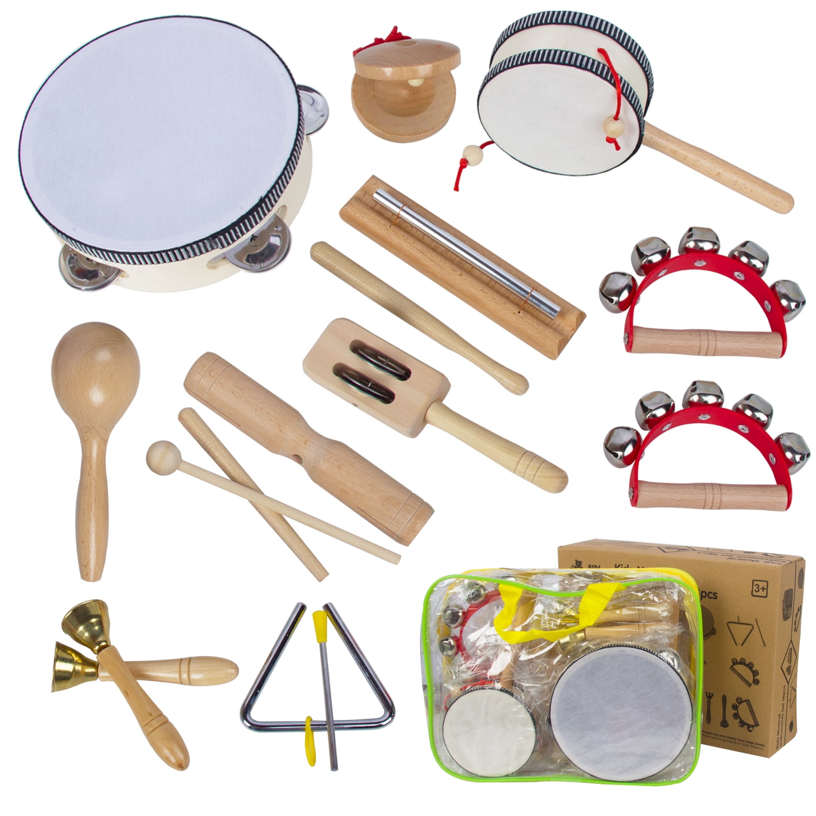 WoodenEdu Wooden Musical Instruments Set for Toddlers 13, Natural Wood