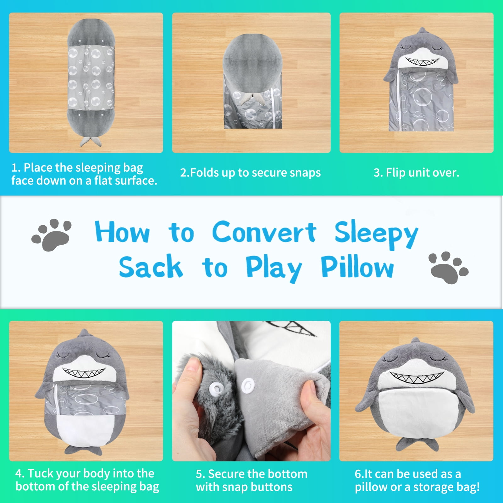 KKL Kids Sleeping Bag with Pillow ,2-in-1 Foldable Gray Shark Sleeping Bag ,Soft Comfortable Warm All Seasons Sleeping Bag Pillow for Kids 48*18 inch